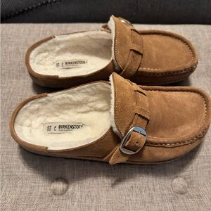 Birkenstock Tan Suede Buckle Slip-Ons